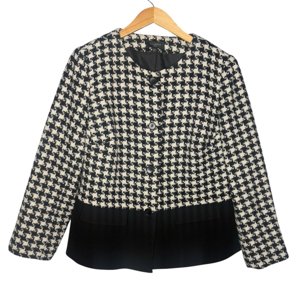 Talbots houndstooth plaid wool jacket women’s size 16W black white elegant coat - Picture 2 of 5